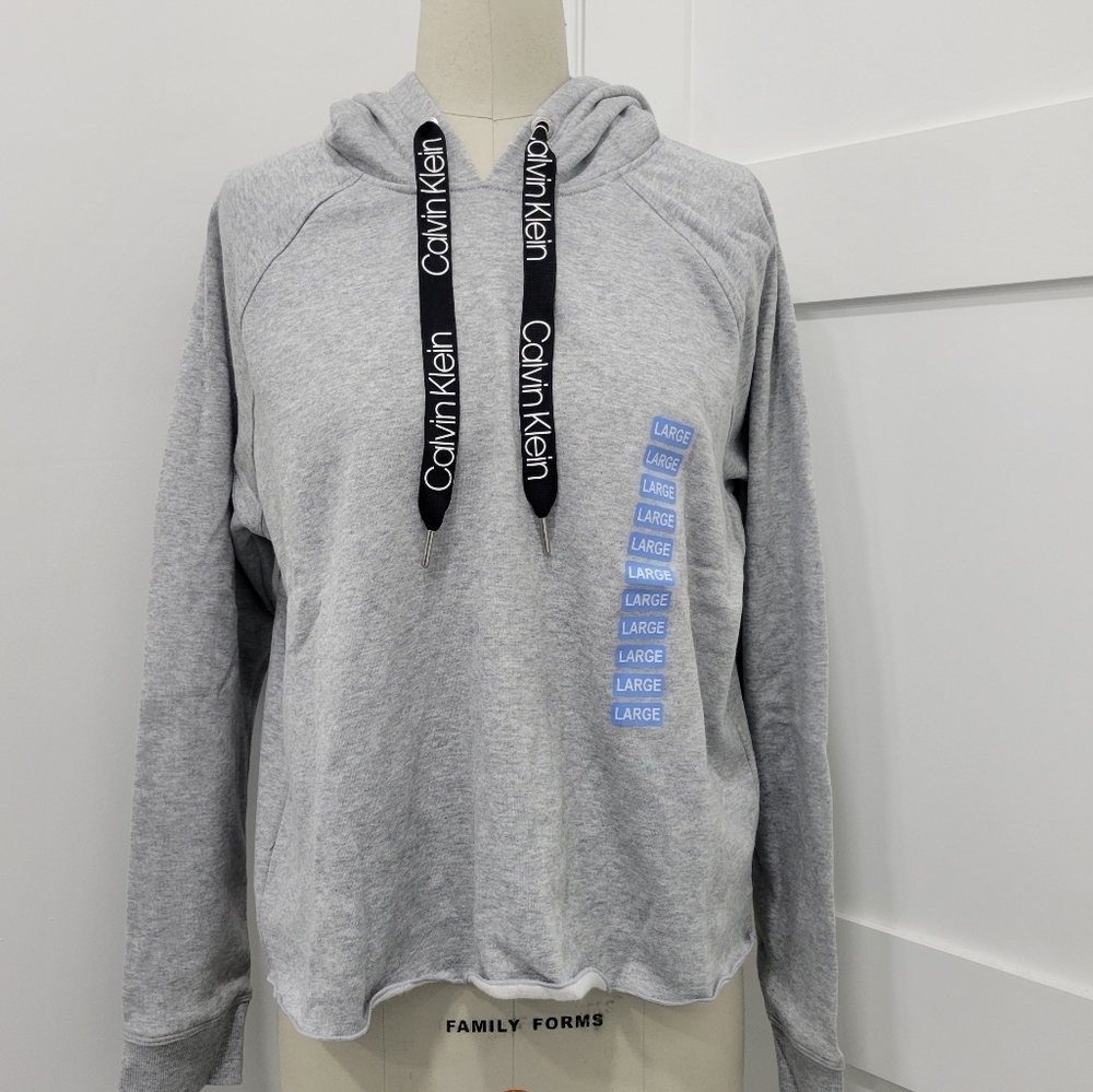 Calvin Klein Woman's Fleece Hoodie Logo on Drawstrings Gray Sweatshirt Size L